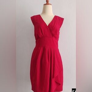 NWOT Sz 10/8 Red Crepe Minidress Cap Sleeves V Neck Empire Waist Pleats Ruffle